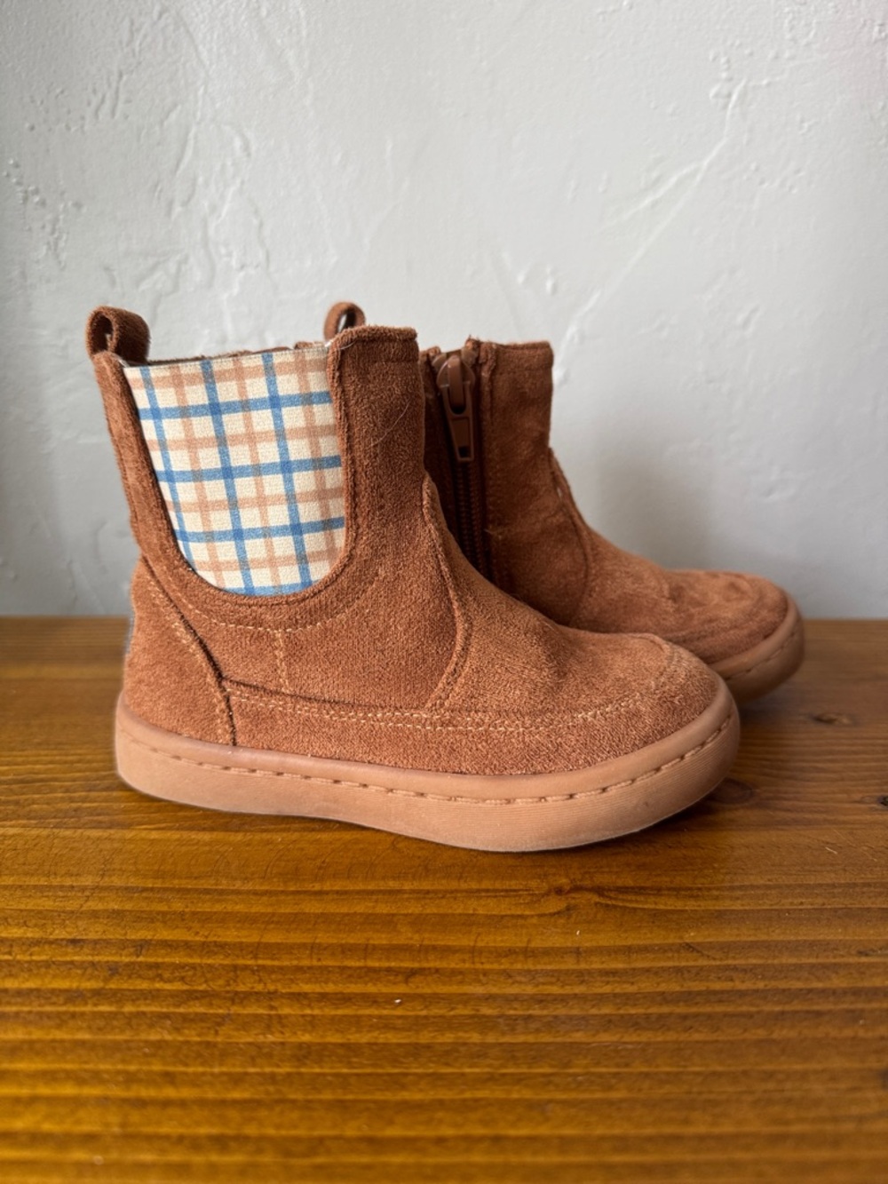 Kids Suede Pull-On Chelsea Boot with Plaid Accent — Brown